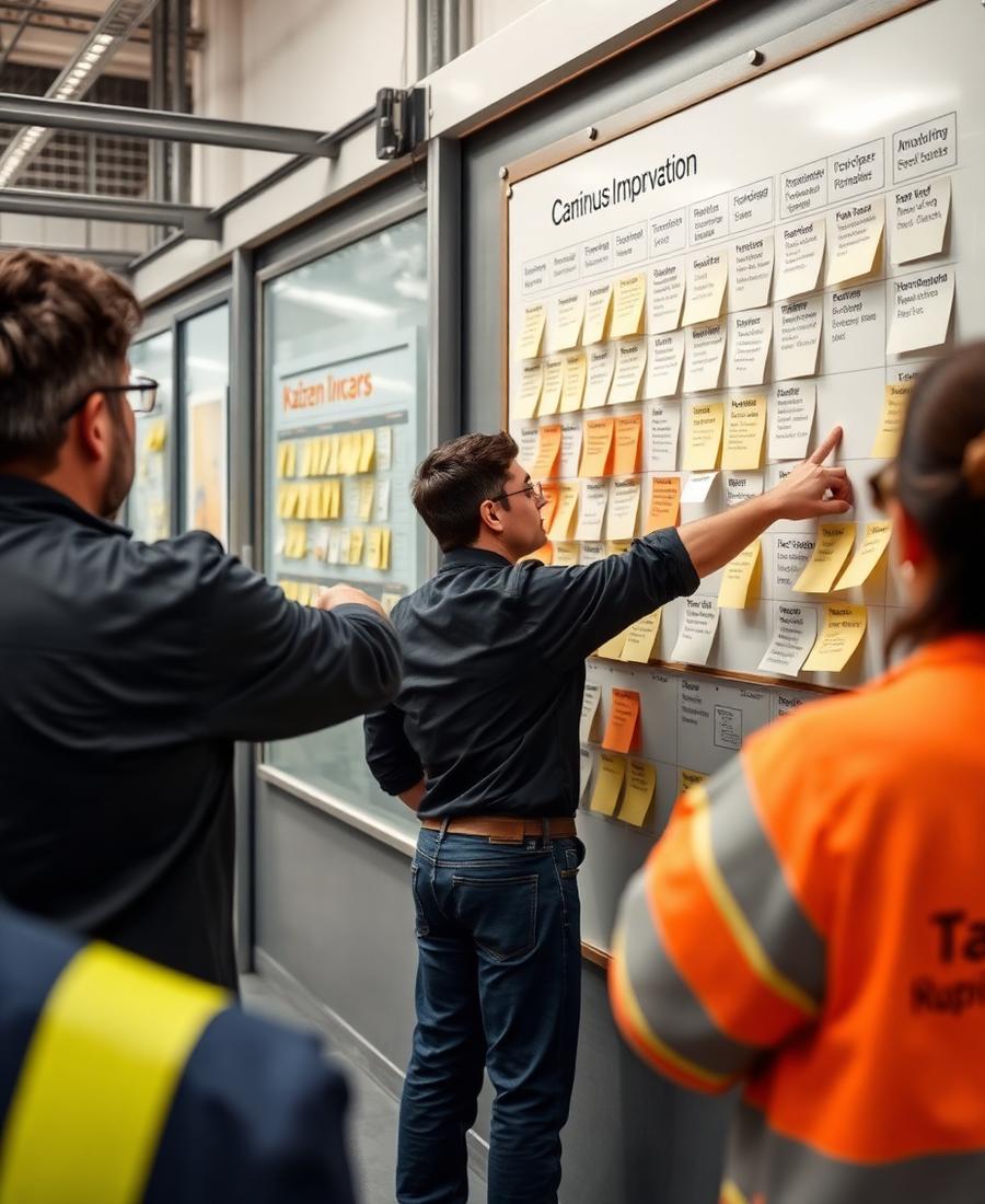 Manufacturing team reviewing a continuous improvement board with sticky notes
